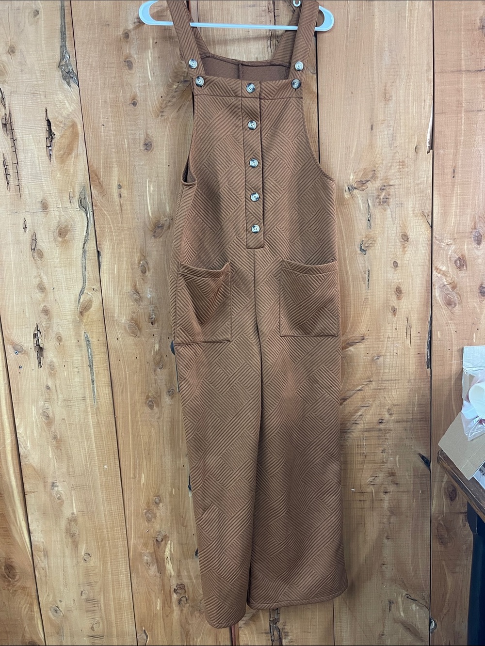 SHEIN Chestnut Brown Textured Button-Front Wide-Leg Overall Jumpsuit